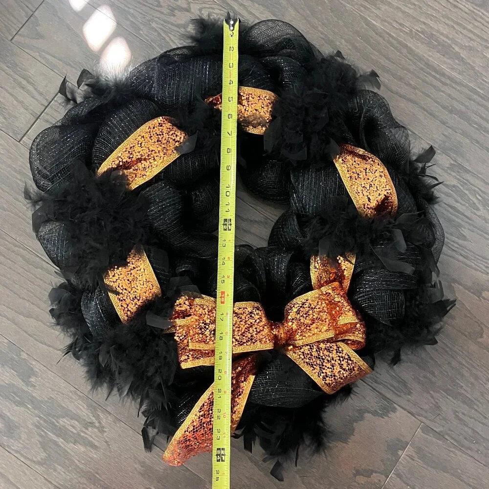 Halloween Feather Deco Mesh Wreath Black Orange Glitter Ribbon Large Big